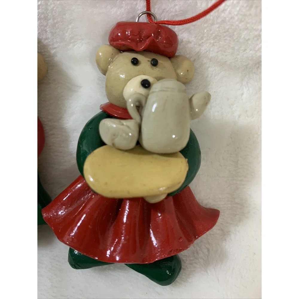 Lot Of 2 Vintage Glazed Salt Dough Type Christmas Bear Festive Holiday Ornaments